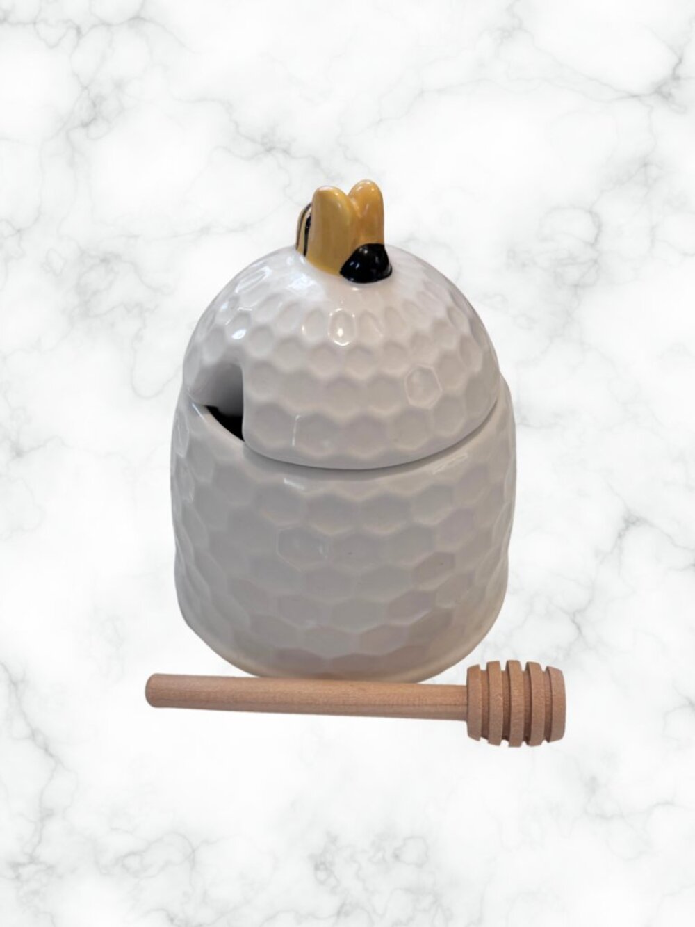 NWOT | Ceramic Honeycomb Honey Pot with Lid & Wood Dipper | Bee Finial | Cottage